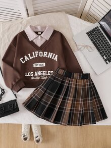 SHEIN 女童時尚寬鬆休閒可愛 80 年代翻領上衣 2 合 1 設計 + 條紋格紋百搭裙，學院風校園校外穿搭棕色格紋秋季款 - 棕色 - 查看 3