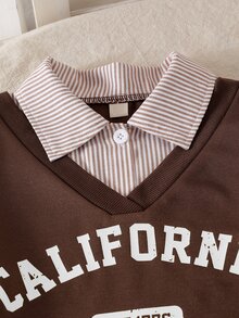 SHEIN 女童時尚寬鬆休閒可愛 80 年代翻領上衣 2 合 1 設計 + 條紋格紋百搭裙，學院風校園校外穿搭棕色格紋秋季款 - 棕色 - 查看 7