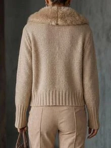 Solivie Women's Fall/ Cardigan Sweater, Khaki Color Patchwork Fur Collar Sweater Going Out Office Tops Casual Blouses Elegant Women's Blouses - Khaki - View 3