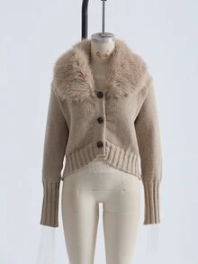 Solivie Women's Fall/ Cardigan Sweater, Khaki Color Patchwork Fur Collar Sweater Going Out Office Tops Casual Blouses Elegant Women's Blouses - Khaki - View 4