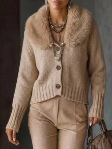 Solivie Women's Fall/ Cardigan Sweater, Khaki Color Patchwork Fur Collar Sweater Going Out Office Tops Casual Blouses Elegant Women's Blouses - Khaki - View 2