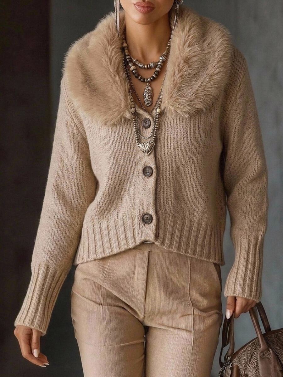 Solivie Women's Fall/ Cardigan Sweater, Khaki Color Patchwork Fur Collar Sweater Going Out Office Tops Casual Blouses Elegant Women's Blouses