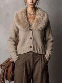 Solivie Women's Fall/ Cardigan Sweater, Khaki Color Patchwork Fur Collar Sweater Going Out Office Tops Casual Blouses Elegant Women's Blouses - Khaki - View 9