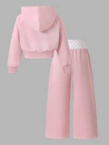 SHEIN 青少年女孩 2 件組粉色波點運動服套裝，拉鍊連帽長袖外套搭配高腰寬鬆運動長褲，酷女孩休閒秋季萬聖節穿搭 - 粉色 - 查看 2