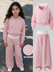 SHEIN 青少年女孩 2 件組粉色波點運動服套裝，拉鍊連帽長袖外套搭配高腰寬鬆運動長褲，酷女孩休閒秋季萬聖節穿搭 - 粉色 - 查看 3