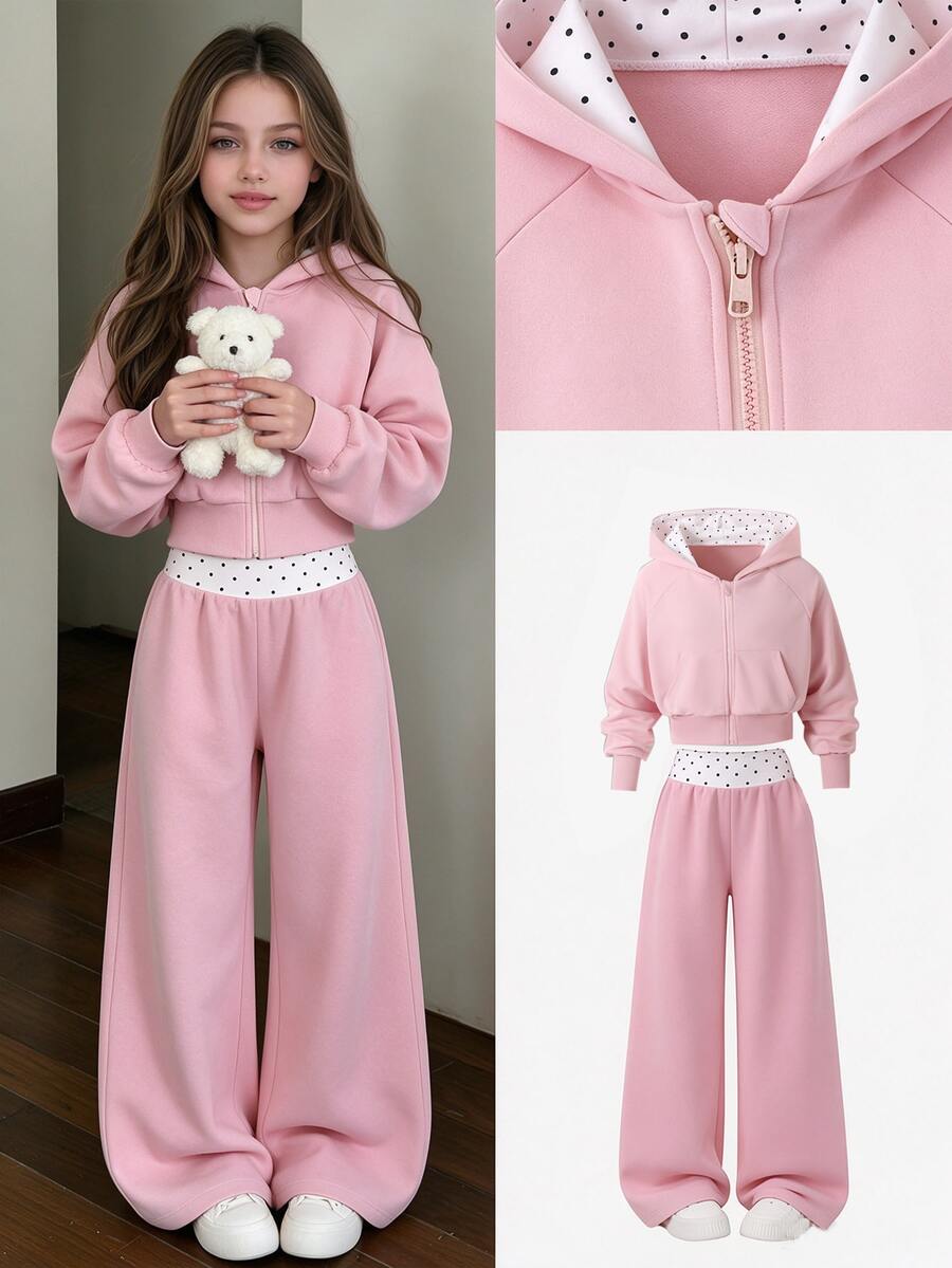 SHEIN 青少年女孩 2 件組粉色波點運動服套裝,拉鍊連帽長袖外套搭配高腰寬鬆運動長褲,酷女孩休閒秋季萬聖節穿搭 - 粉色 - 查看 1