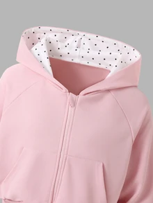 SHEIN 青少年女孩 2 件組粉色波點運動服套裝，拉鍊連帽長袖外套搭配高腰寬鬆運動長褲，酷女孩休閒秋季萬聖節穿搭 - 粉色 - 查看 5