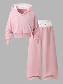 SHEIN 青少年女孩 2 件組粉色波點運動服套裝，拉鍊連帽長袖外套搭配高腰寬鬆運動長褲，酷女孩休閒秋季萬聖節穿搭 - 粉色 - 查看 7