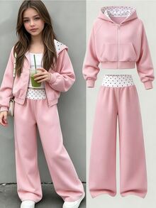 SHEIN 青少年女孩 2 件組粉色波點運動服套裝，拉鍊連帽長袖外套搭配高腰寬鬆運動長褲，酷女孩休閒秋季萬聖節穿搭 - 粉色 - 查看 4