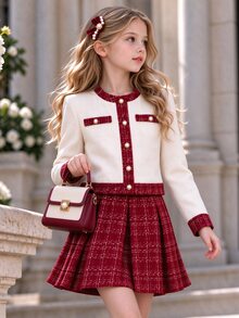 SHEIN Tween Girls Elegant Cute 80s Tweed Jacket Pleated Skirt Set 2 Piece Fall Winter Outfits Classic Plaid Round Neck Button Knit Blazer Skater White Red - Burgundy - View 6
