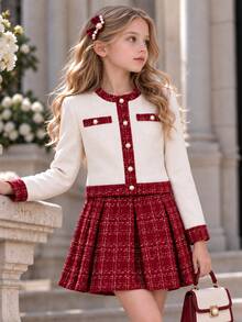 SHEIN Tween Girls Elegant Cute 80s Tweed Jacket Pleated Skirt Set 2 Piece Fall Winter Outfits Classic Plaid Round Neck Button Knit Blazer Skater White Red - Burgundy - View 1