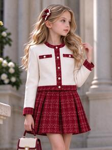 SHEIN Tween Girls Elegant Cute 80s Tweed Jacket Pleated Skirt Set 2 Piece Fall Winter Outfits Classic Plaid Round Neck Button Knit Blazer Skater White Red - Burgundy - View 3
