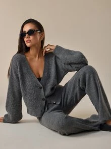 SHEIN Colorblock Fuzzy Knit High Neck Sweater - Grey - View 6
