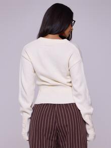 MUSERA Knitted Button Through Cardigan Long Sleeve Tops Old Money Cute Summer Vacation Airport Holiday Fall Autumn - Cream - View 5