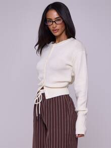 MUSERA Knitted Button Through Cardigan Long Sleeve Tops Old Money Cute Summer Vacation Airport Holiday Fall Autumn - Cream - View 4