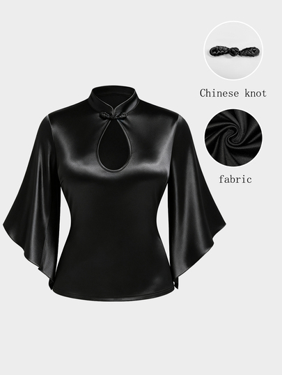 Sweetra Plus Size American Vintage Chinese Style Tie-Up Water Drop Stand Collar Elastic Satin, High Street Casual Sports Flare Sleeve, Loose Casual Top, Autumn/Winter Shirt