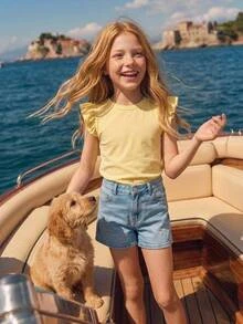 Joliand Young Girl Knitted Round Neck Casual Flutter Sleeve T-Shirt - Beige - View 2
