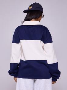 MUSERA Collared Striped Sport Jersey Sweatshirt Back To School Cosy Cute Streetwear Office Workwear Business Casual Spring Vacation Outfits Holiday Summer - Navy Blue - View 4