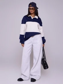 MUSERA Collared Striped Sport Jersey Sweatshirt Back To School Cosy Cute Streetwear Office Workwear Business Casual Spring Vacation Outfits Holiday Summer - Navy Blue - View 2
