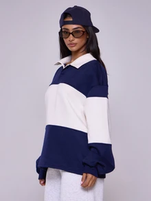 MUSERA Collared Striped Sport Jersey Sweatshirt Back To School Cosy Cute Streetwear Office Workwear Business Casual Spring Vacation Outfits Holiday Summer - Navy Blue - View 3