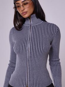 MUSERA Ribbed High Neck Zip Up Cardigan Spring Casual Y2k 90's Stripe Cute Airport Holiday Summer Vacation Back To School Winter Everyday Chic Sweater - Dark Grey - View 5
