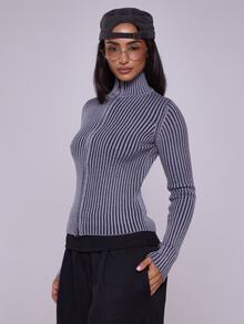 MUSERA Ribbed High Neck Zip Up Cardigan Spring Casual Y2k 90's Stripe Cute Airport Holiday Summer Vacation Back To School Winter Everyday Chic Sweater - Dark Grey - View 3