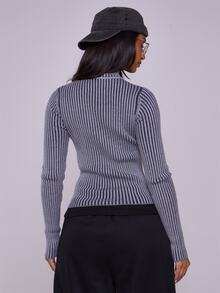MUSERA Ribbed High Neck Zip Up Cardigan Spring Casual Y2k 90's Stripe Cute Airport Holiday Summer Vacation Back To School Winter Everyday Chic Sweater - Dark Grey - View 4
