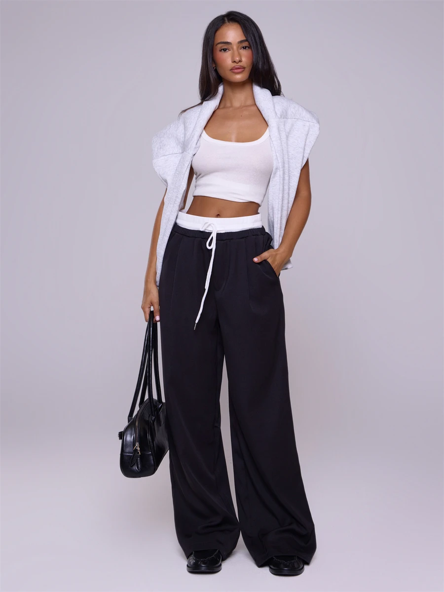 MUSERA Woven Contrast Waistband Tailored Trousers Summer Y2k Cute 90's Casual Capsule Vacation Fall Autumn Back To School Office Work - Black - View 1