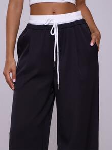 MUSERA Woven Contrast Waistband Tailored Trousers Summer Y2k Cute 90's Casual Capsule Vacation Fall Autumn Back To School Office Work - Black - View 5