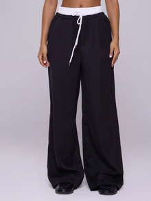MUSERA Woven Contrast Waistband Tailored Trousers Summer Y2k Cute 90's Casual Capsule Vacation Fall Autumn Back To School Office Work - Black - View 2