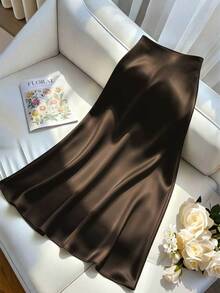 GlowEve Women's Dark Brown Satin Drape A-Line Mid-Length Slimming Soft Style Skirt, Fall Commute Date Night High Tea Elegant Long Skirt, Fashionable Party - Coffee Brown - View 5