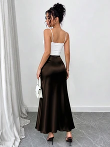 GlowEve Women's Dark Brown Satin Drape A-Line Mid-Length Slimming Soft Style Skirt, Fall Commute Date Night High Tea Elegant Long Skirt, Fashionable Party - Coffee Brown - View 2