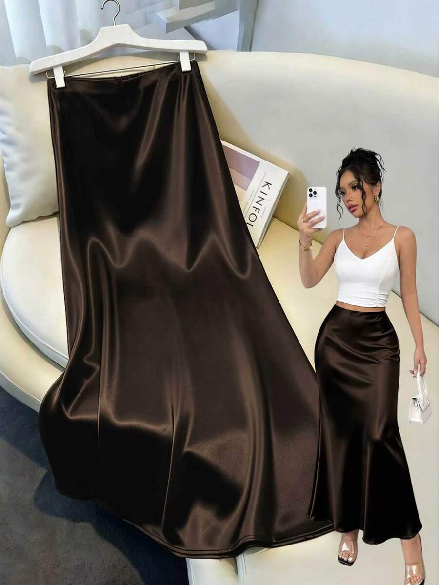 GlowEve Women's Dark Brown Satin Drape A-Line Mid-Length Slimming Soft Style Skirt, Fall Commute Date Night High Tea Elegant Long Skirt, Fashionable Party - Coffee Brown - View 1