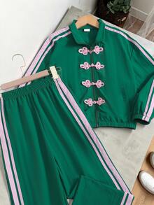 SHEIN 女童2件套秋季套裝，拼色拉鍊外套配蝴蝶結刺繡裝飾，搭配鬆緊腰長褲，校園綠可愛風 - 綠色 - 查看 4
