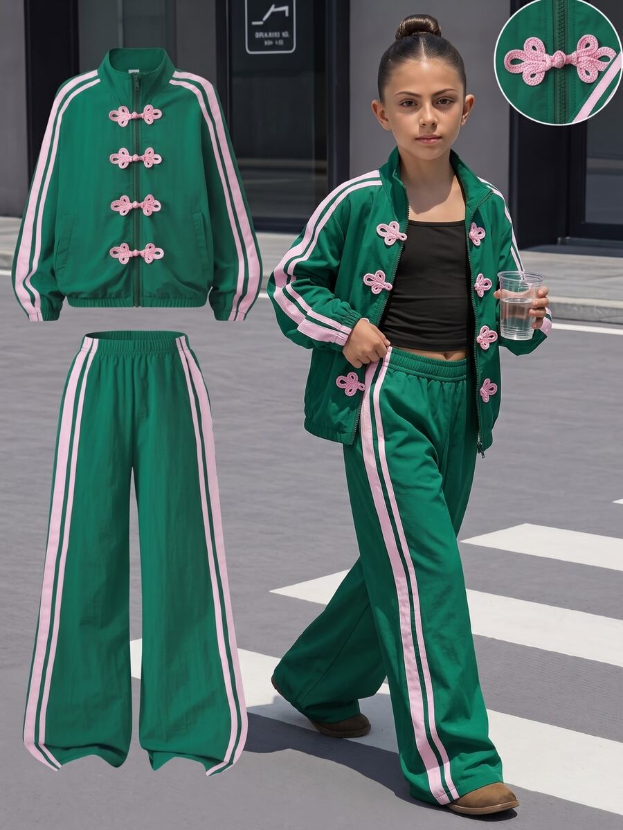 SHEIN 女童2件套秋季套裝,拼色拉鍊外套配蝴蝶結刺繡裝飾,搭配鬆緊腰長褲,校園綠可愛風 - 綠色 - 查看 1