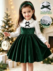 SHEIN Elladie kids 女童天鵝絨領口長袖拼接洋裝，黑色蝴蝶結與蕾絲飾邊，A字喇叭下擺，小女孩聖誕派對洋裝 - 綠色 - 查看 3