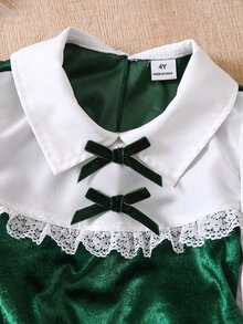 SHEIN Elladie kids 女童天鵝絨領口長袖拼接洋裝，黑色蝴蝶結與蕾絲飾邊，A字喇叭下擺，小女孩聖誕派對洋裝 - 綠色 - 查看 6
