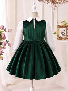 SHEIN Elladie kids 女童天鵝絨領口長袖拼接洋裝，黑色蝴蝶結與蕾絲飾邊，A字喇叭下擺，小女孩聖誕派對洋裝 - 綠色 - 查看 2