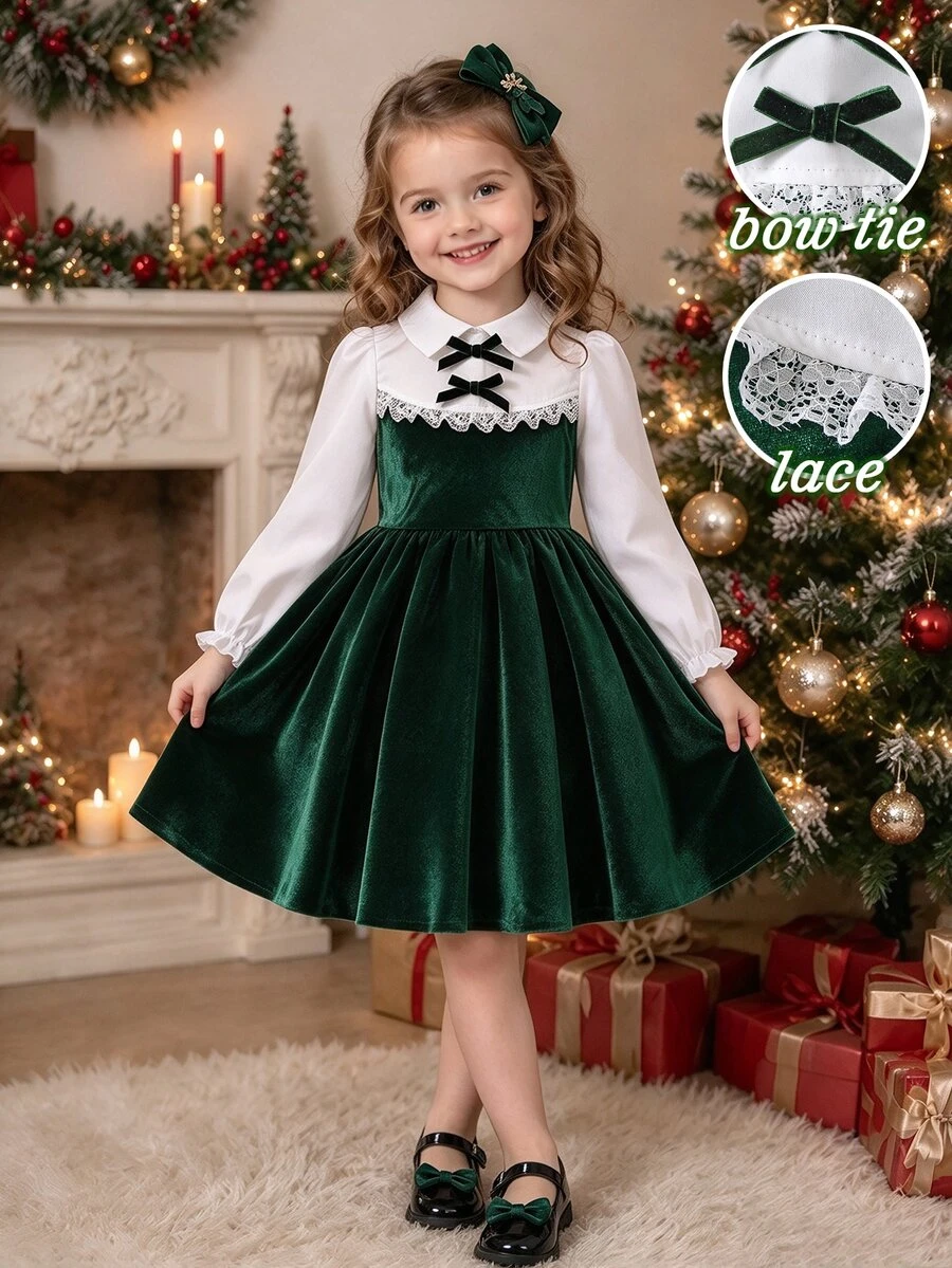 SHEIN Elladie kids 女童天鵝絨領口長袖拼接洋裝,黑色蝴蝶結與蕾絲飾邊,A字喇叭下擺,小女孩聖誕派對洋裝 - 綠色 - 查看 1