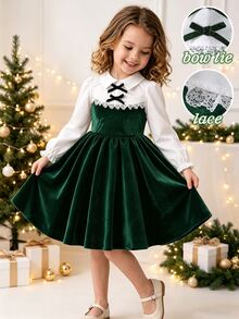 SHEIN Elladie kids 女童天鵝絨領口長袖拼接洋裝，黑色蝴蝶結與蕾絲飾邊，A字喇叭下擺，小女孩聖誕派對洋裝 - 綠色 - 查看 4
