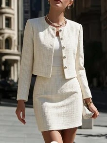 RosyDaze Women's Early Autumn French Style Off-White Tweed Long Sleeve Crew Neck Cropped Jacket Bodycon Skirt Elegant 2 Pieces Set Daily Commute Party Office - Beige - View 3
