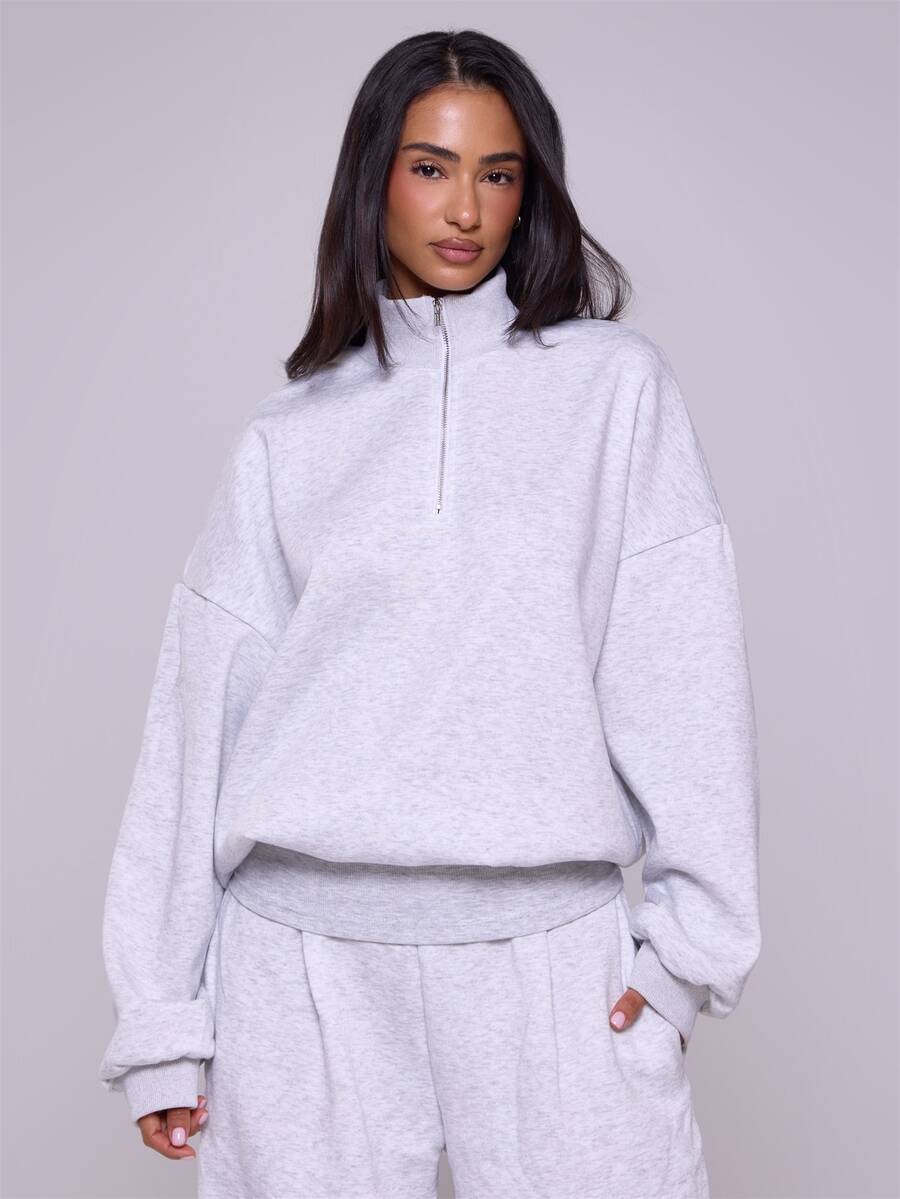MUSERA Sweatshirt Longgar dengan Resleting Seperempat, Potongan Santai, Cocok untuk Kembali ke Sekolah, Nyaman, Imut, Kasual, Sehari-hari, Koleksi Pakaian Minimalis, Streetwear Y2K, Abu-abu, Musim Semi, Liburan, Musim Panas - Light Grey - View 1