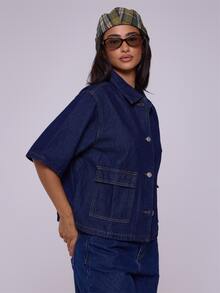 MUSERA Boxy Fit Collared Button Denim Top Summer Casual Cute Festival Western Back To School Streetwear Office Nashville Chic Spring Fall Autumn Winter - Dark Wash - View 3