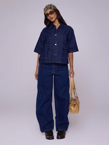MUSERA Boxy Fit Collared Button Denim Top Summer Casual Cute Festival Western Back To School Streetwear Office Nashville Chic Spring Fall Autumn Winter - Dark Wash - View 2