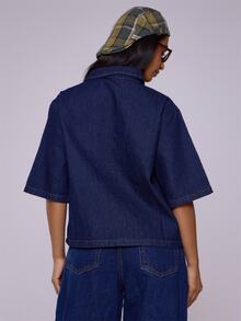 MUSERA Boxy Fit Collared Button Denim Top Summer Casual Cute Festival Western Back To School Streetwear Office Nashville Chic Spring Fall Autumn Winter - Dark Wash - View 4
