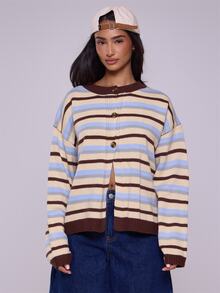 MUSERA Oversized Button Through Drop Shoulder Knitted Stripe Jumpe Old Money Cute Casual Lounge Cardigan Butterscotch Work Office Chic Sweater - Multicolor - View 1