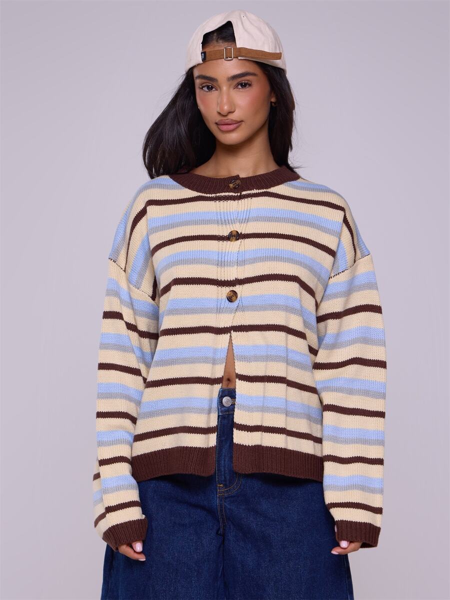 MUSERA Oversized Button Through Drop Shoulder Knitted Stripe Jumpe Old Money Cute Casual Lounge Cardigan Butterscotch Work Office Chic Sweater - Multicolor - View 1