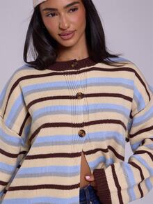 MUSERA Oversized Button Through Drop Shoulder Knitted Stripe Jumpe Old Money Cute Casual Lounge Cardigan Butterscotch Work Office Chic Sweater - Multicolor - View 5