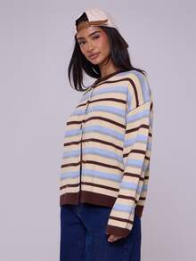 MUSERA Oversized Button Through Drop Shoulder Knitted Stripe Jumpe Old Money Cute Casual Lounge Cardigan Butterscotch Work Office Chic Sweater - Multicolor - View 3
