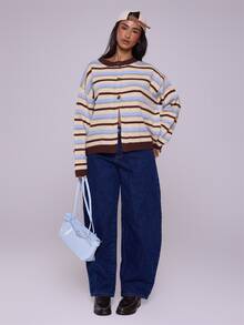 MUSERA Oversized Button Through Drop Shoulder Knitted Stripe Jumpe Old Money Cute Casual Lounge Cardigan Butterscotch Work Office Chic Sweater - Multicolor - View 2